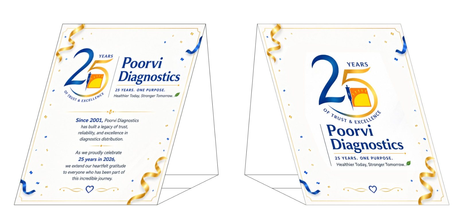 Poorvi Diagnostics Silver Jubilee table cards thanking everyone who has been part of the journey since 2001