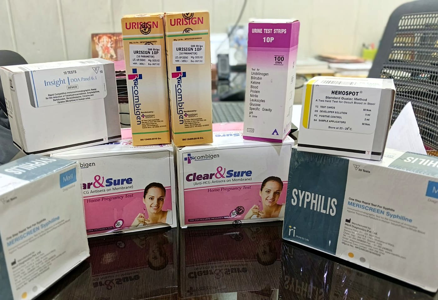 Pregnancy tests, Urisign urine strips, Hemospot, syphilis and drug-screening kits in stock at Poorvi Diagnostics